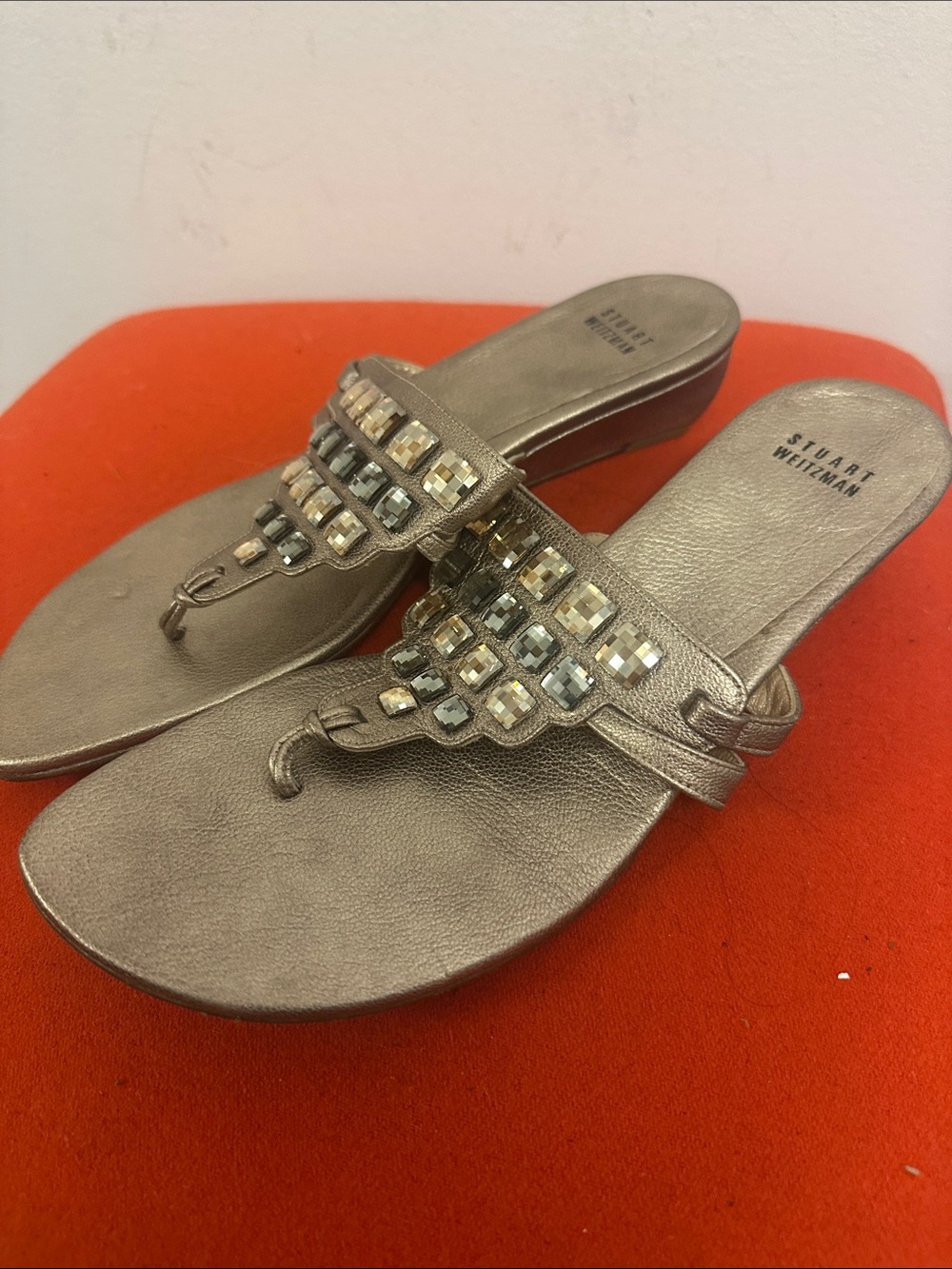Stuart Weitzman Pewter Metallic Jeweled Thong Sandals